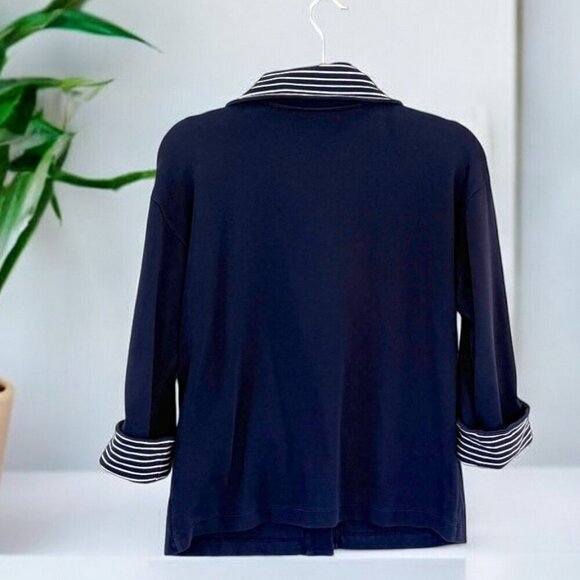 Jones NY Nautical Yachting Cotton Stretch Navy Blue Stipe Knit Shacket Jacket - Picture 6 of 9